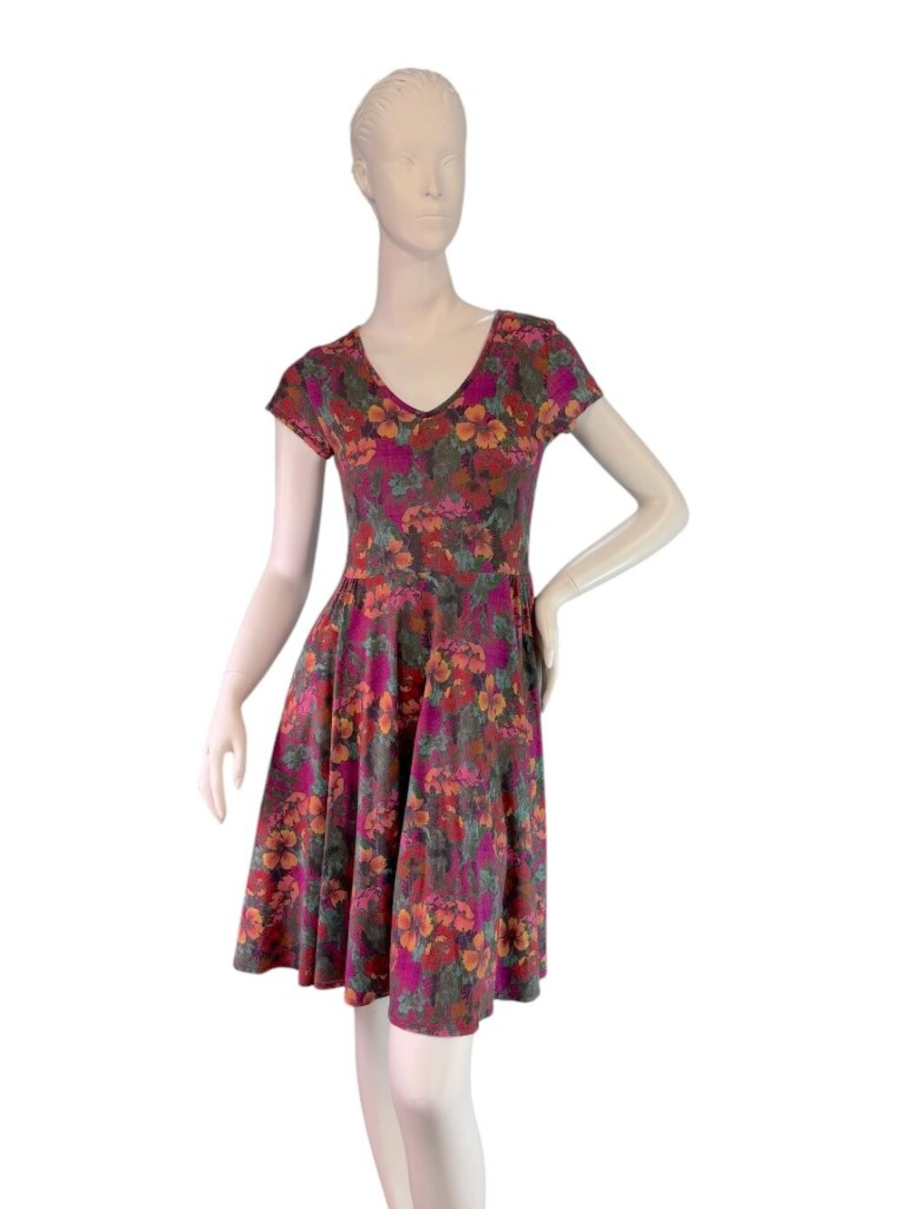 Peruvian Connection Floral Magenta V-Neck Short Sleeve Dress Jersey A-Line Sz S